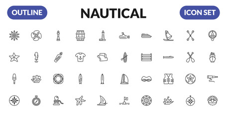 outline nautical icons set - helm, big starfish, buoys, wind rose. editable vector for web and mobile ui © IconArt