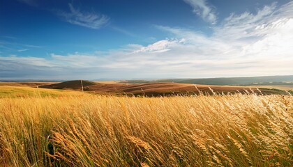 Obraz premium Serene Prairie Landscape Golden Grasses Swaying Gently Under A Pale Blue Sky Untouched Nature At Its Finest Peaceful Summer Scene