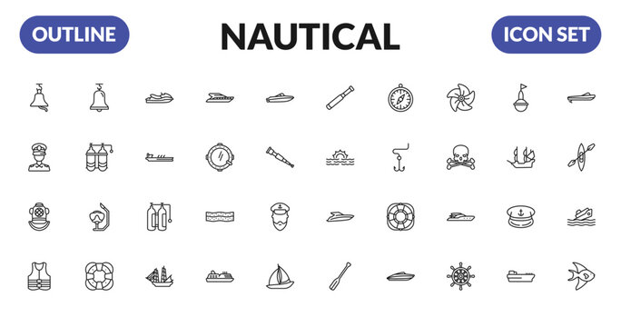 outline nautical icons set - big bell, sailor, diving helmet, life jacket. editable vector for web and mobile ui