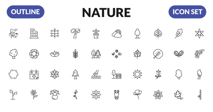 outline nature icons set - leaf and drop, sycamore tree, whirlpool, plant growing on book. editable vector for web and mobile ui