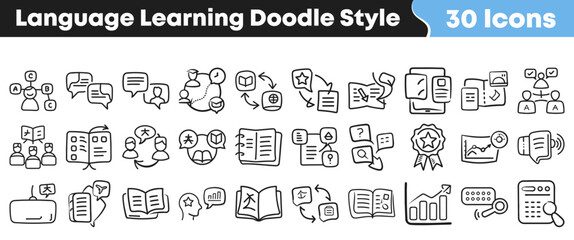 Collection of hand drawn language learning icons in doodle style © Vectoravec