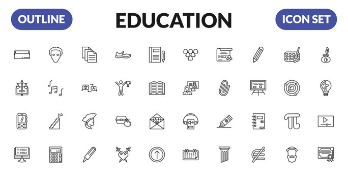 outline education icons set - closed envelope, law, cellphone, online test. editable vector for web and mobile ui