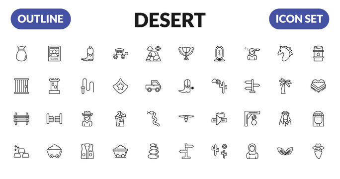 outline desert icons set - old money bag, jail, paddock, ingots. editable vector for web and mobile ui