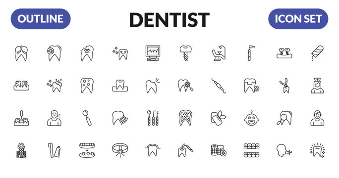 outline dentist icons set - intraoral, dental plaque, interproximal, clinic. editable vector for web and mobile ui