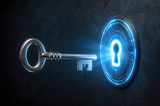 A metal key points toward a glowing digital keyhole.