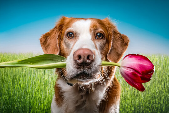 Ein h&uuml;bscher Hund hat eine pinke Tulpe quer im Maul