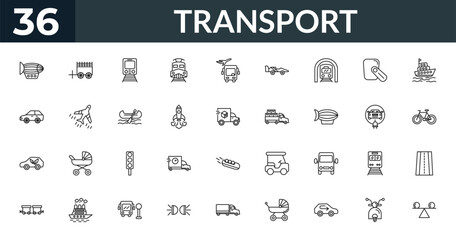 outline transport icons set - dirigible, oxcart, electric car, road with broken lines. editable vector for web and mobile ui © IconArt