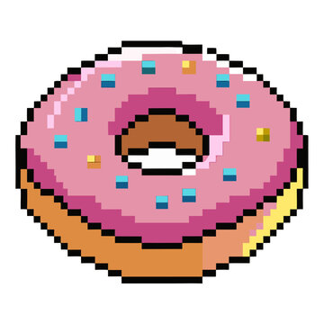 Pixel Art Donut with Pink Frosting and Colorful Sprinkles in Retro 8-Bit Style