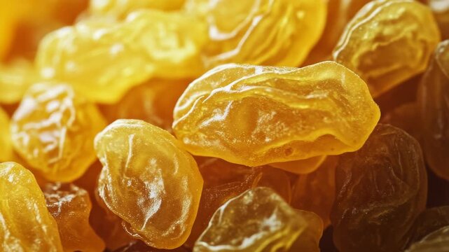 A close-up view of yellow raisins with a glossy glaze on them. The raisins are densely packed together, creating an interesting texture.