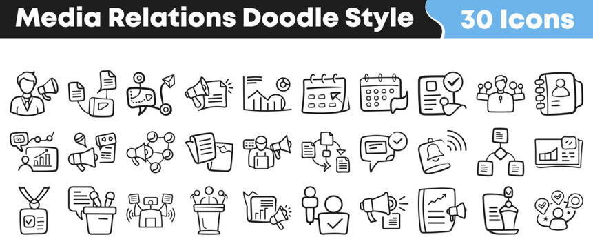 Collection of thirty hand drawn media relations doodle style icons