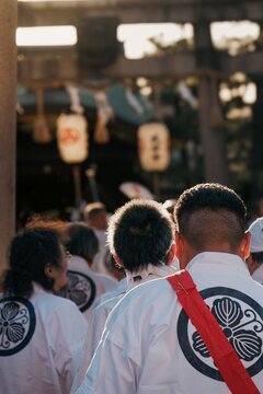 Japanese Matsuri Festival Participants in Traditional Happi Coats Walking to Shrine Kyoto Japan