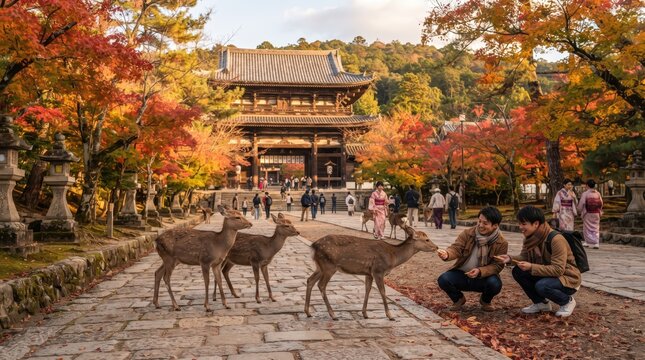 Tourists feeding wild deer on stone path leading to temple gate amid autumn maple trees, two men crouching offering food while visitors stroll and photograph surroundings