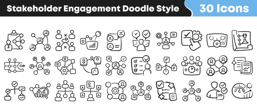 Collection of hand drawn black and white stakeholder engagement icons