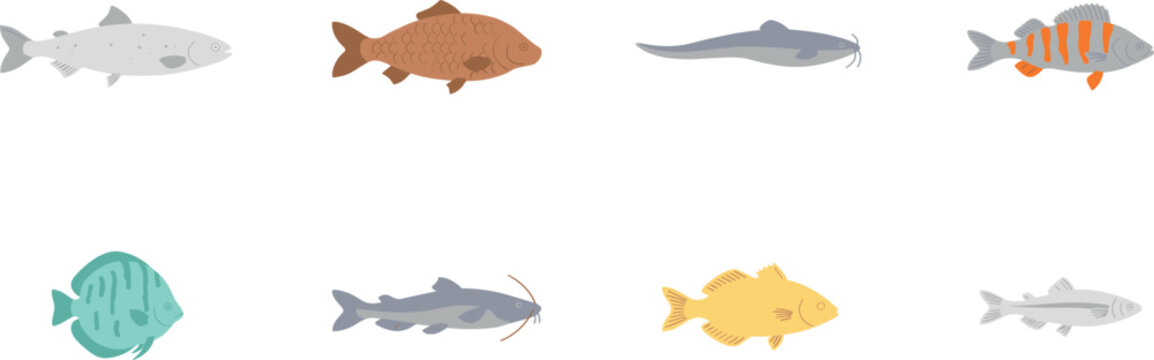 PrintFreshwater Fish Icon Collection Featuring Salmon Carp Catfish Perch Discus and Minnow Flat Vector Illustration Set for Fishing and Aquarium Graphic Designs