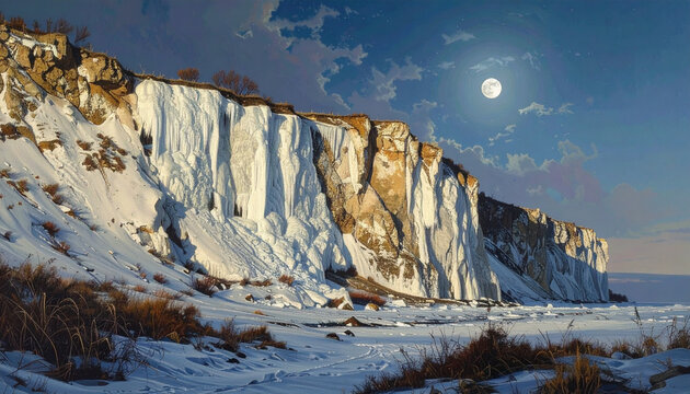 Winter landscape with snow covered cliff and full moon