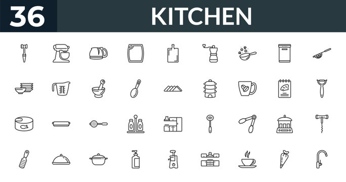 outline kitchen icons set - meat tenderizer, mixer, recipe book, corkscrew. editable vector for web and mobile ui