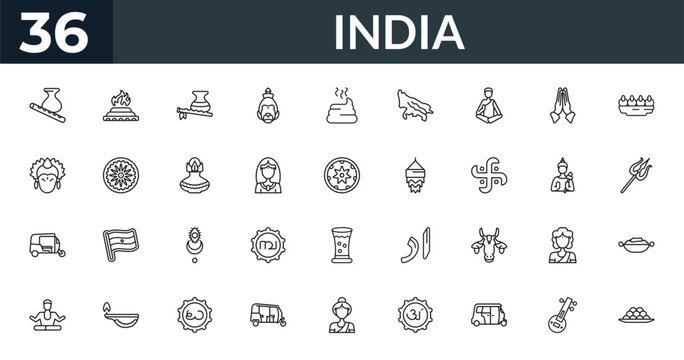 outline india icons set - krishna janmashtami, yagna, vishnu, curry. editable vector for web and mobile ui