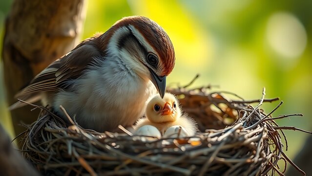 A mother bird in a nest gently assisting a hatching chick in soft morning light.