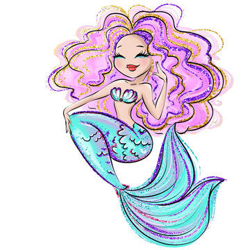 Hand-drawn glitter mermaid clipart featuring a dreamy girl mermaid with flowing purple & gold hair and a sparkling teal tail. Bold outline, magical aesthetic, white background. Perfect for girls' birt