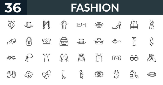 outline fashion icons set - jewel, cylinder hat, cord lace, pair of socks. editable vector for web and mobile ui
