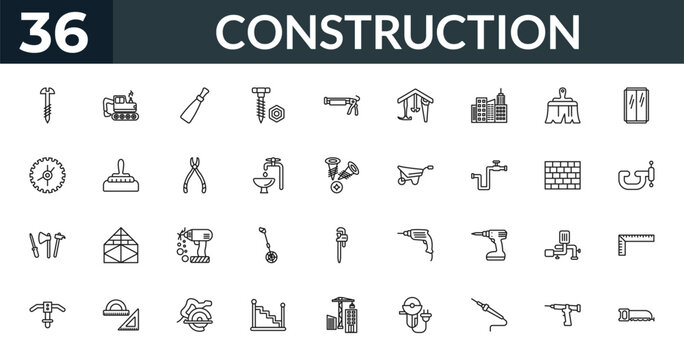 outline construction icons set - screw, backhoes, brickwall, school ruler. editable vector for web and mobile ui