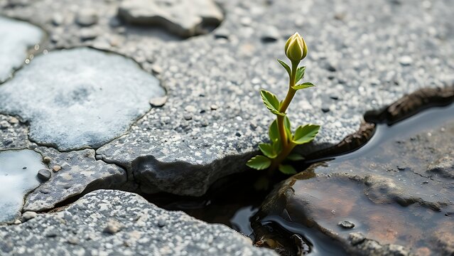 Alpine plant grows from a crack in a rock, with melting snow nearby.