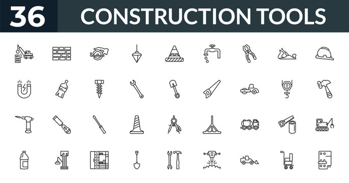 outline construction tools icons set - demolition, birck wall, pulley hook, derrick with tong. editable vector for web and mobile ui