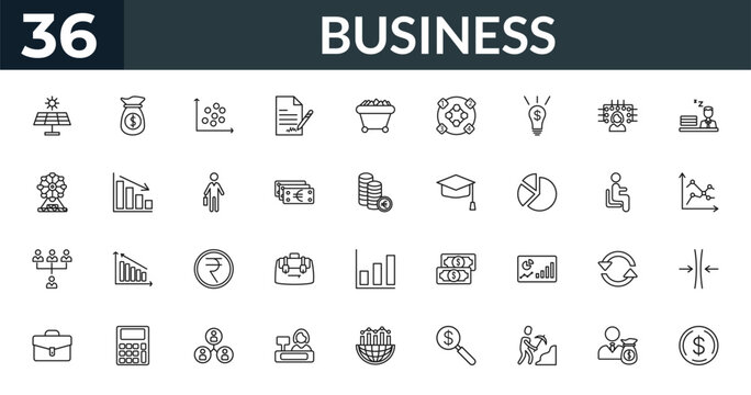 outline business icons set - graphic panel, dollar on business time, sitting, thin. editable vector for web and mobile ui