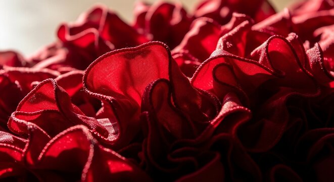 Close-up of luxurious red fabric with ruffles and folds