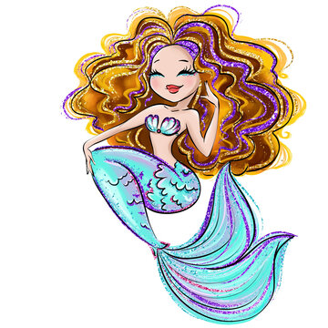Hand-drawn glitter mermaid clipart featuring a dreamy girl mermaid with flowing purple & gold hair and a sparkling teal tail. Bold outline, magical aesthetic, white background. Perfect for girls' birt