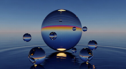 Naklejka premium Glass spheres with rainbow reflections float on calm water surface under a clear blue sky, symbolizing purity, reflection, and nature's beauty