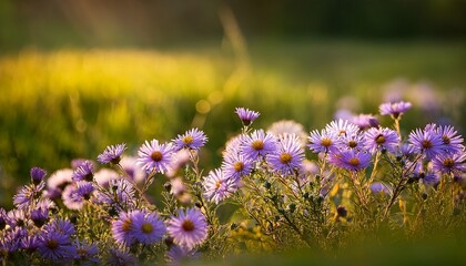 Obraz premium Small Purple Aster Flowers Blooming In A Green Meadow