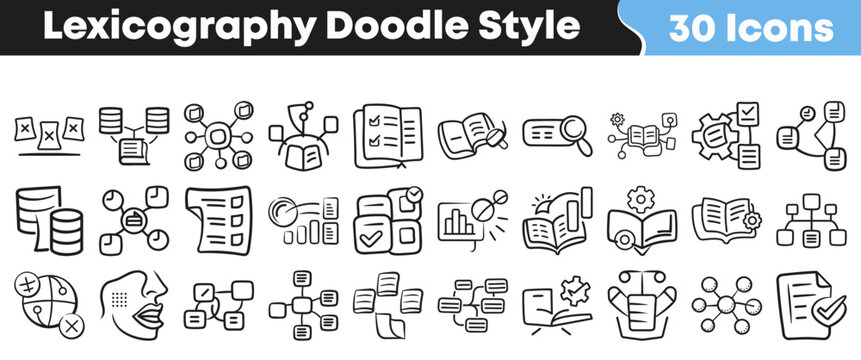 Set of thirty hand drawn lexicography doodle style vector icons