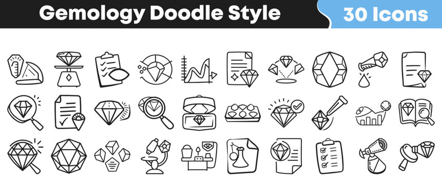 Set of thirty hand drawn gemology icons in doodle style