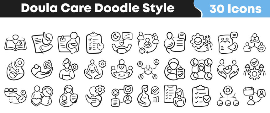 Set of thirty hand drawn doula care icons in doodle style