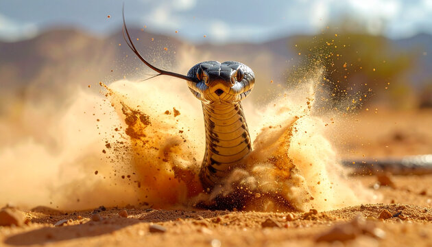 Cobra snake rising from sand with dust explosion desert wildlife