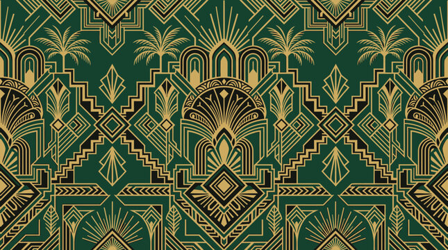 Flat vector Art Deco seamless pattern, symmetrical geometric ornaments and premium vintage aesthetic

