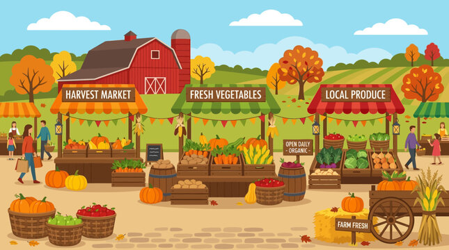 Flat vector harvest market background, vegetables, baskets and farm-inspired decorations


