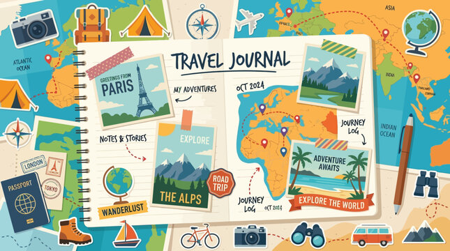 Flat vector travel journal background, maps, postcards and adventure icons


