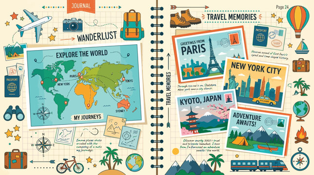 Flat vector travel journal background, maps, postcards and adventure icons

