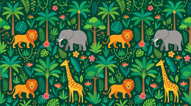 Flat vector jungle safari pattern, lions, elephants, giraffes and tropical trees

