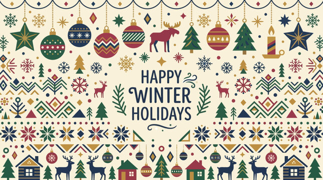 Flat vector winter holiday background, snowflakes and cozy geometric ornaments

