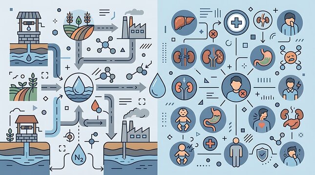 Nitrogen cycle and human health impact infographic with water icons