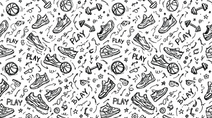 Fototapeta premium Seamless Hand Drawn Sports Doodle Pattern with Fitness Equipment Sketches