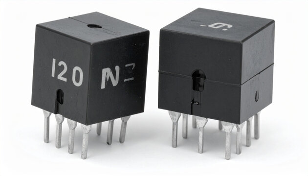 Black electronic microchips with metal pins and labels on top