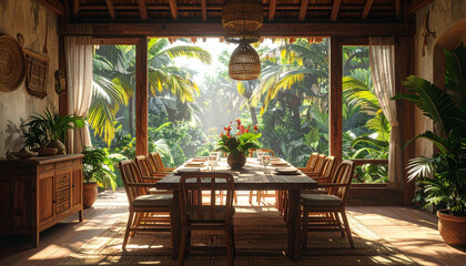 Fototapeta premium Tropical dining area with wooden table and chairs on patio