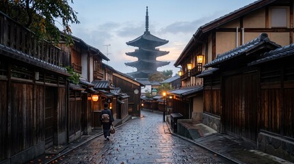 Obraz premium Traveler walking down wet narrow wooden street toward pagoda at sunrise with illuminated lanterns and reflective cobblestones, moody early morning scene