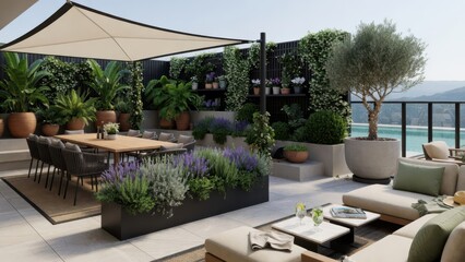 Fototapeta premium A luxury residential rooftop terrace featuring a wooden dining area with comfortable outdoor lounge seating under a canvas canopy surrounded by vibrant purple lavender and lush organic mediterran