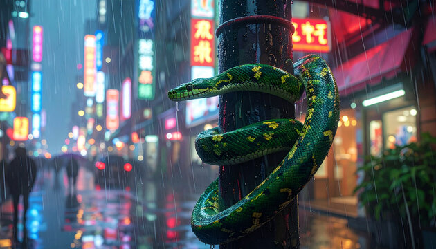 Green snake wrapped around pole on rainy city street at night