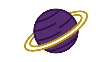 Fototapeta premium A simple, stylized purple planet with a golden ring, resembling Saturn, against a white background, representing space and astronomy.